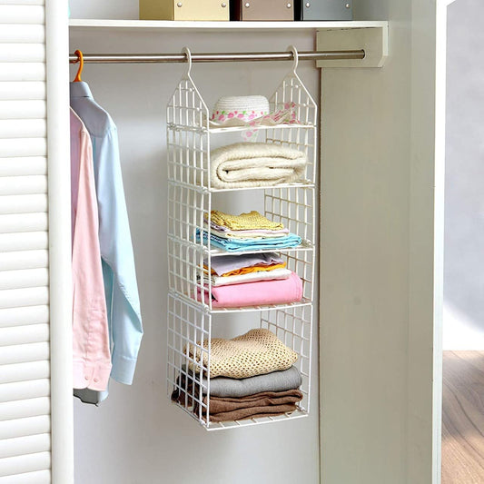 5 Layer Folding Clothes Storage Racks Dormitory Closet for Students Wardrobe Shelves | Hanging Organizer Storage Holders & Racks (Plastic Cloth Storage Racks -White)