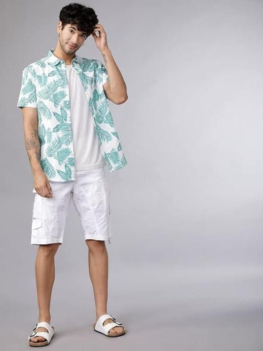 Men's Printed Half Sleeves Regular Collar Casual Shirt White & Light Green